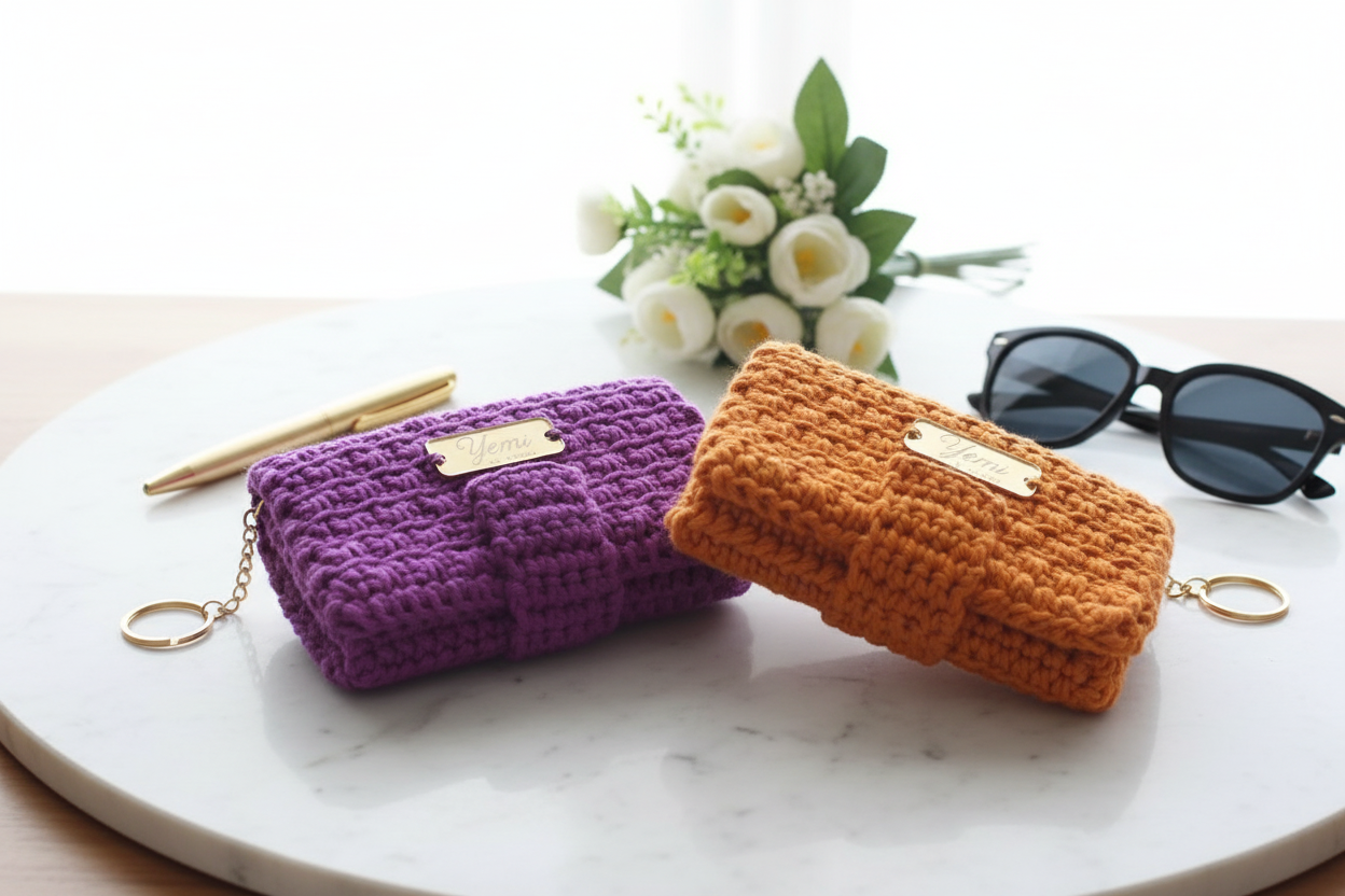 🧶 Petit portefeuille fait main au crochet – Orange -100% coton ✨