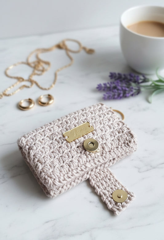 🧶 Petit portefeuille fait main au crochet – Beige - 100% coton ✨