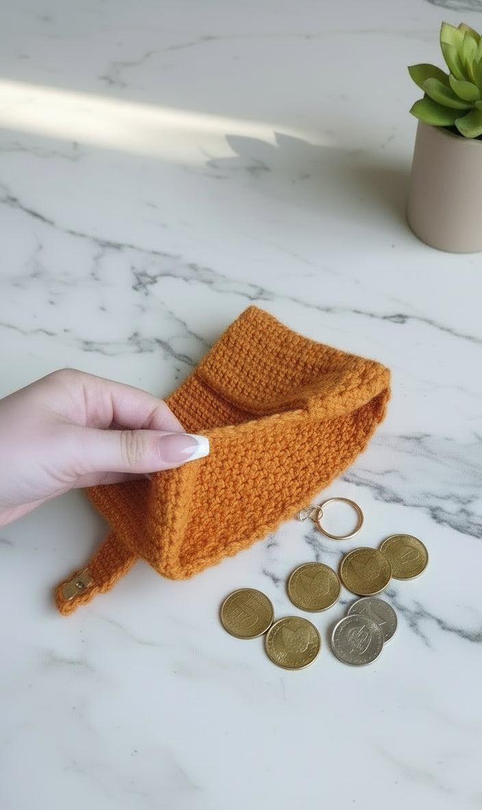 🧶 Petit portefeuille fait main au crochet – Orange -100% coton ✨