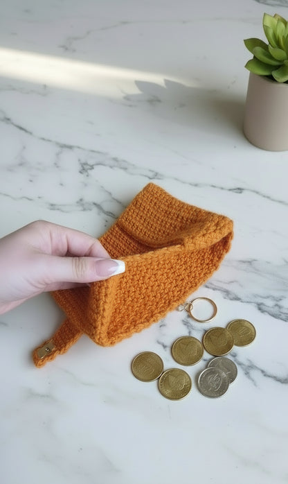 🧶 Petit portefeuille fait main au crochet – Orange -100% coton ✨