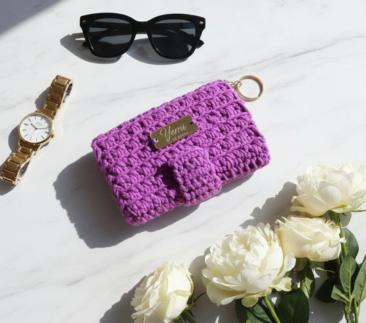 🧶 Petit portefeuille fait main au crochet – Violet -100% coton ✨