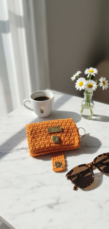 🧶 Petit portefeuille fait main au crochet – Orange -100% coton ✨